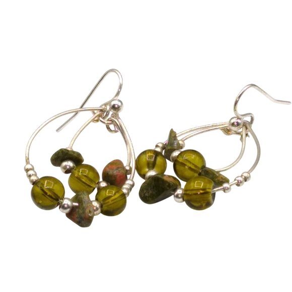 Concentric Ovals Hoop Earrings in Silver Tone and Green with Unakite Jasper Ston - Picture 2 of 4